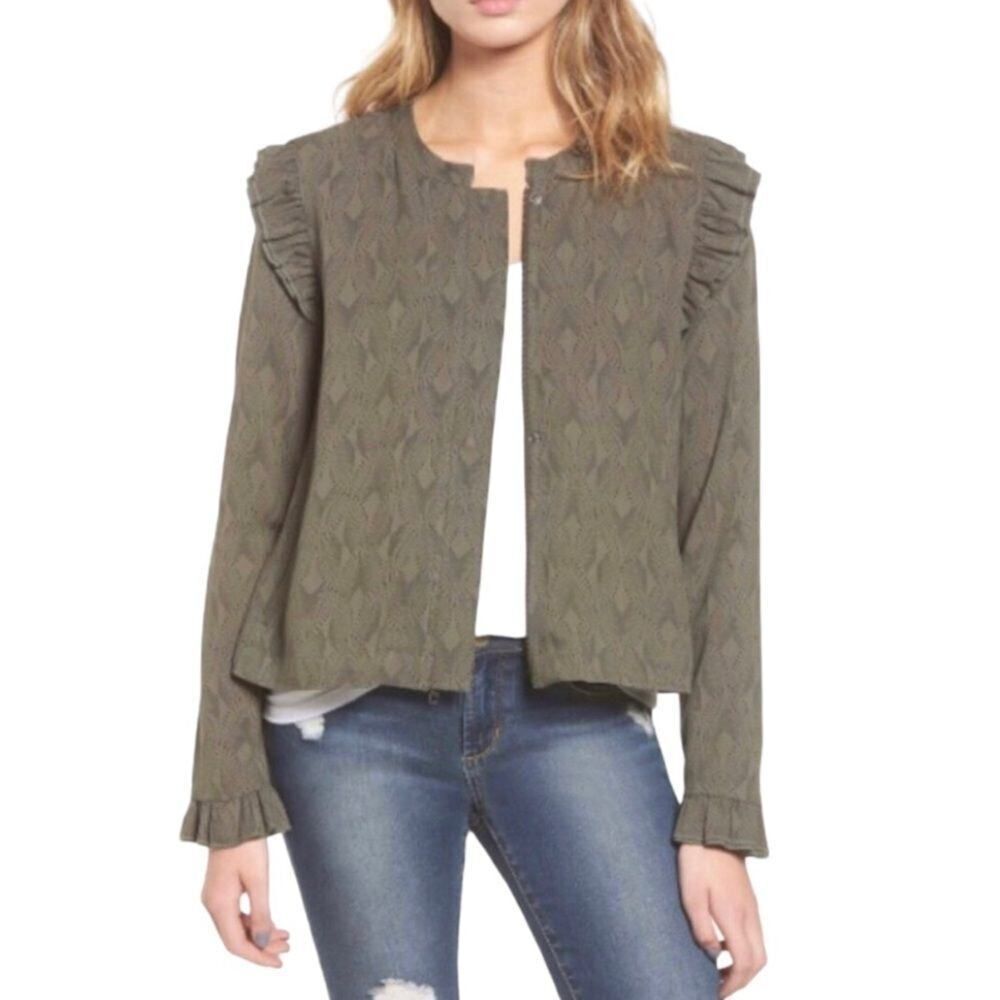 HINGE/NORDSTROM Women’s Ruffle Trim Cropped Zip Front Jacket Green Size Small